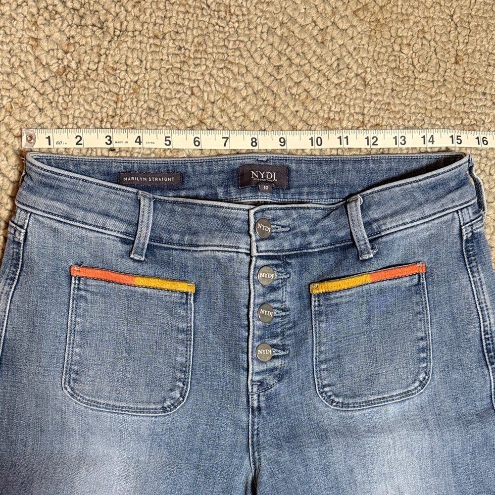 NYDJ Blue Straight Leg Ankle Length Jeans with Colorful Accents and Raw Hem - Picture 5 of 6